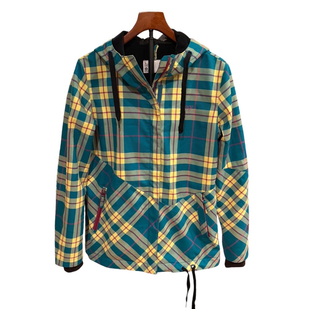 ORAGE Women Ski Plaid Hooded Snowboard Jacket Teal Green Yellow Softshell Size L